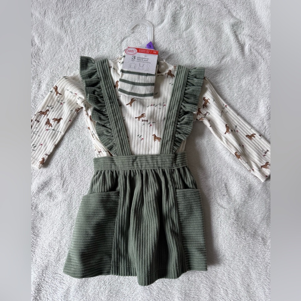 wonder nation Olive Green Ribbed Suspender Skirt Set with Cream Horse Print Top